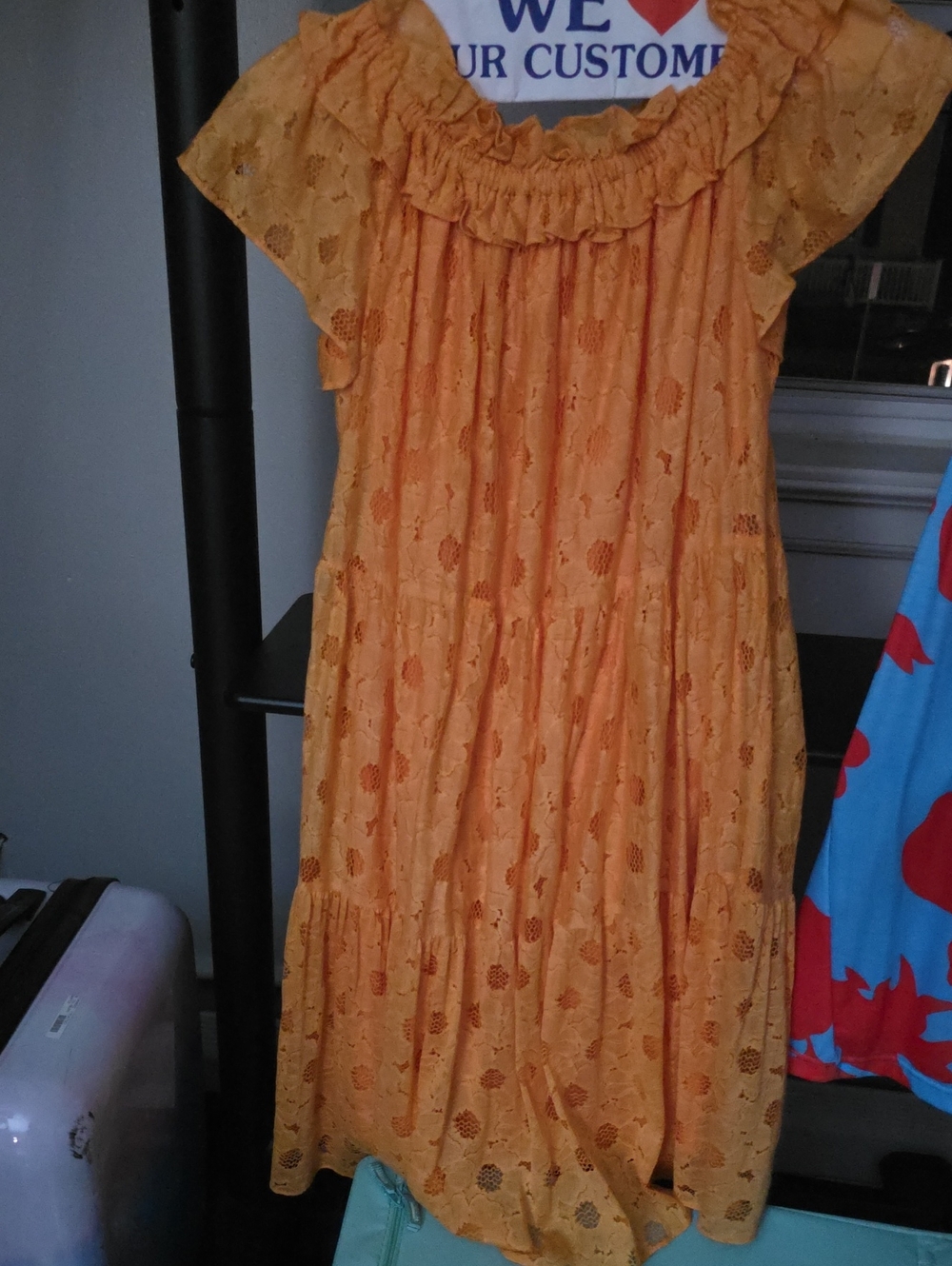 Trina Turk Orange Eyelet Lace Midi Dress with Ruffle Neck